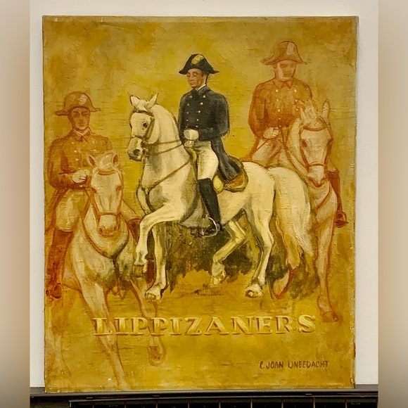 Mid Century Vintage Acrylic on Canvas Soldier Mounted Lippizaners Horse Painting - Picture 13 of 15